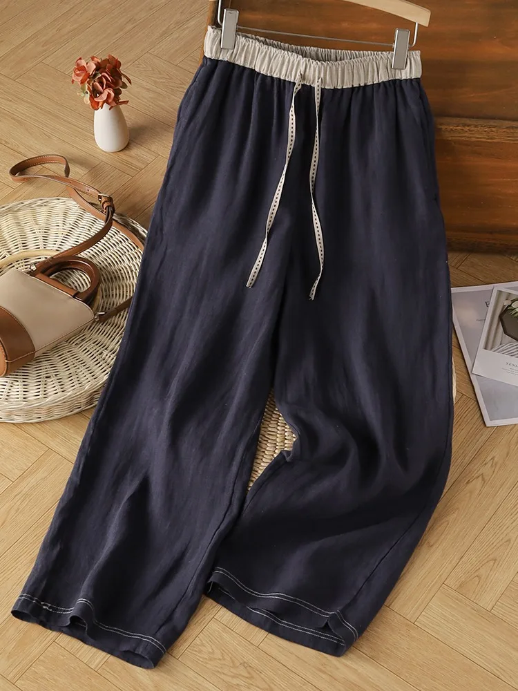 Retro Contrast Color Wide Leg Pants Women's Summer Elastic Waist Drawstring Slimming Casual Straight Leg Harlan Long Pants