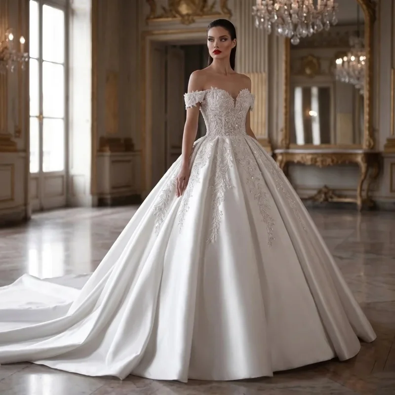 

Classic Royal Bridal Gown Off The Shoulder Lace Satin Ball Gown Wedding Dress Sweetheart Neck Chapel Train Customizable
