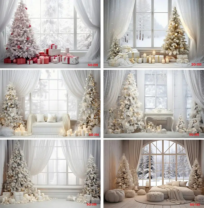 

Christmas Photography Background Winter Christmas Indoor Window Xmas Trees Gifts Kids Birthday Family Decor Backdrop Photo