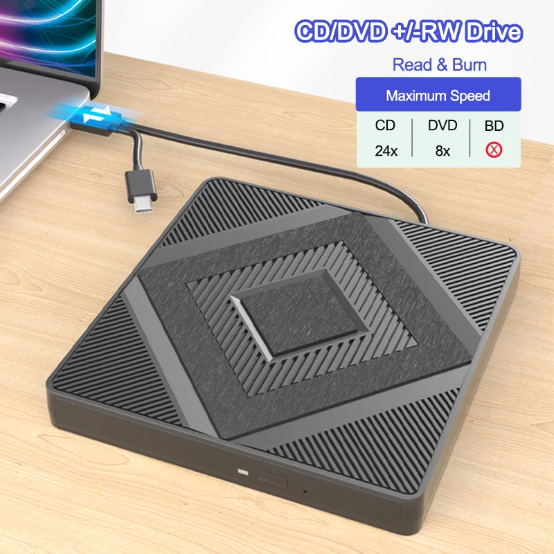 Lecteur CD/DVD externe USB 3.0 Type C Max 24X CD 8X, graveur de disque DVD, graveur pour Mac OS Linux Windows 11/ 10/ 8/ 7/ XP