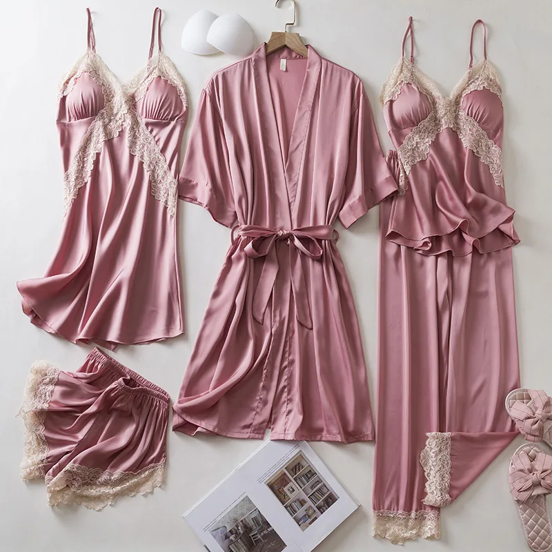 Loose Satin Homewear 5PCS Pajamas Set Sexy Pink Lace Trim Wedding Robe Nightgown Set Bathrobe Gown Spring Summer Women Sleepwear