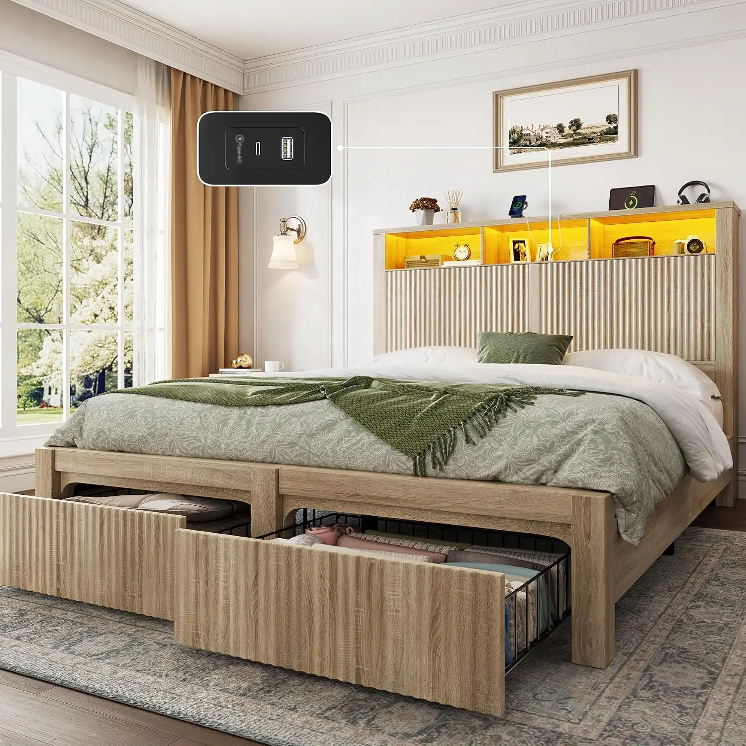 Full Size Wood Bed Frame with Headboard & 2 Storage Drawers, Customized