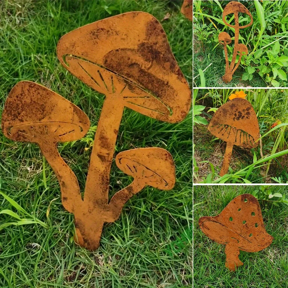 1-teiliges rostiges Eisen-Pilz-Kunst-Gartenornament, langlebiges Thanksgiving-Weihnachts-Halloween-Dekorationsset