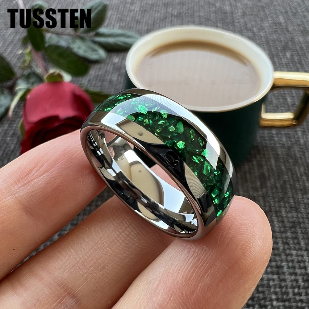 TUSSTEN 4/6/8MM Men's and Women's Wedding Tungsten Ring Green Crystal Stone Inlaid Comfortable Fit