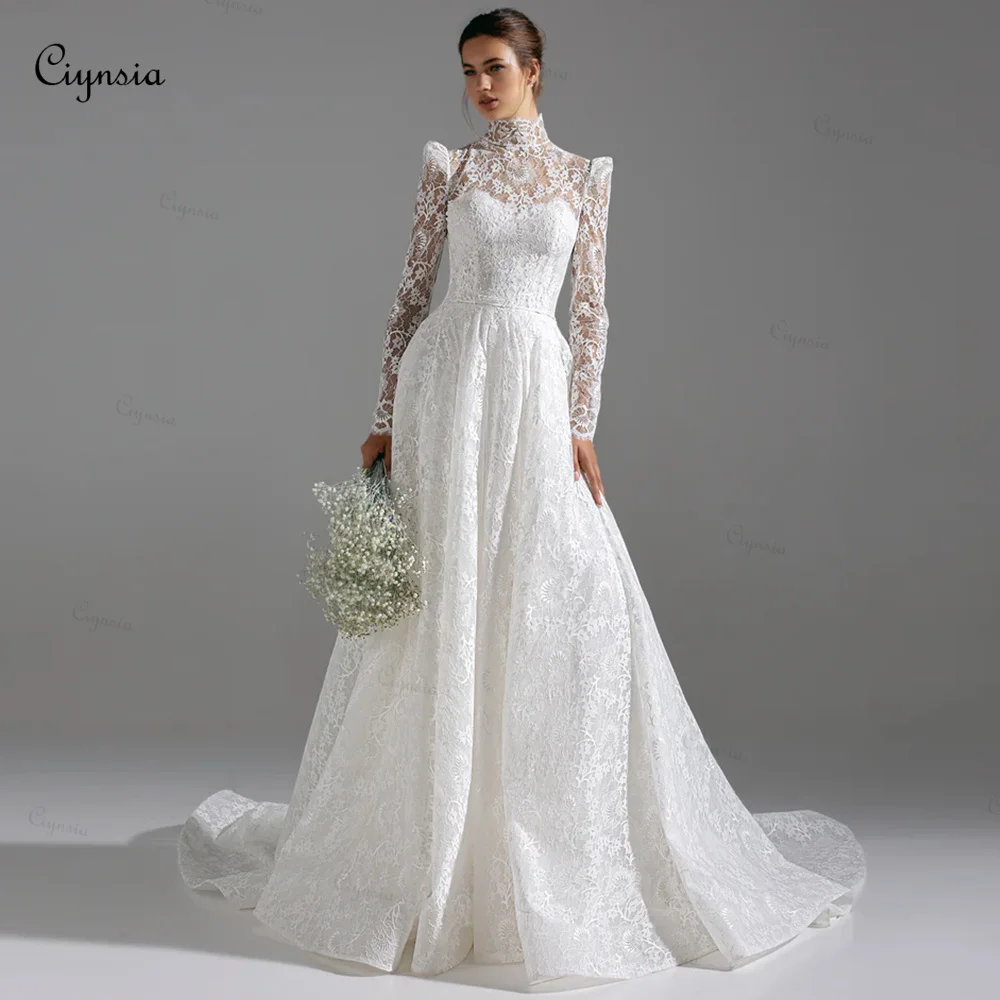 Ciynsia Customized lvory Lace Wedding Dresses for Bride 2026 New High Neck Full Sleeves A-Line Modest Bride Gowns with Veils