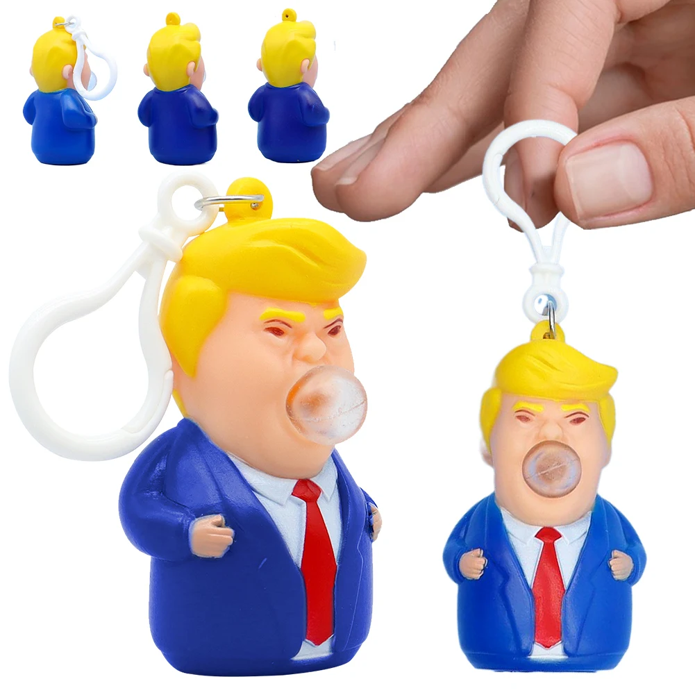 Trump Blows Bubbles Keychain Pendant Creative Trump Keyring Hanging Ornament Vinyl Trump Keyring Hanging Charm for Car Backpack