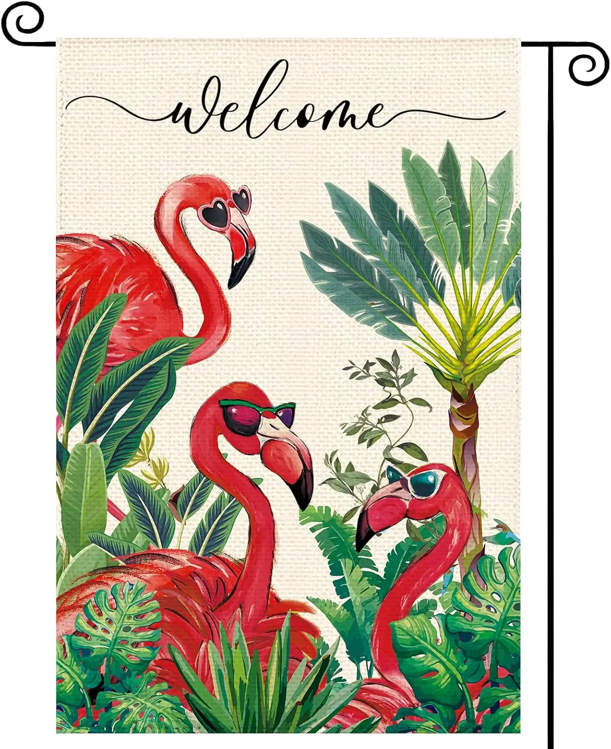 Summer Tropical Forest Flamingo Welcome Garden Flag 12 x 18 Inch Double Sided, Spring Palm Tree Burlap Small Yard Flag Holid MMZ