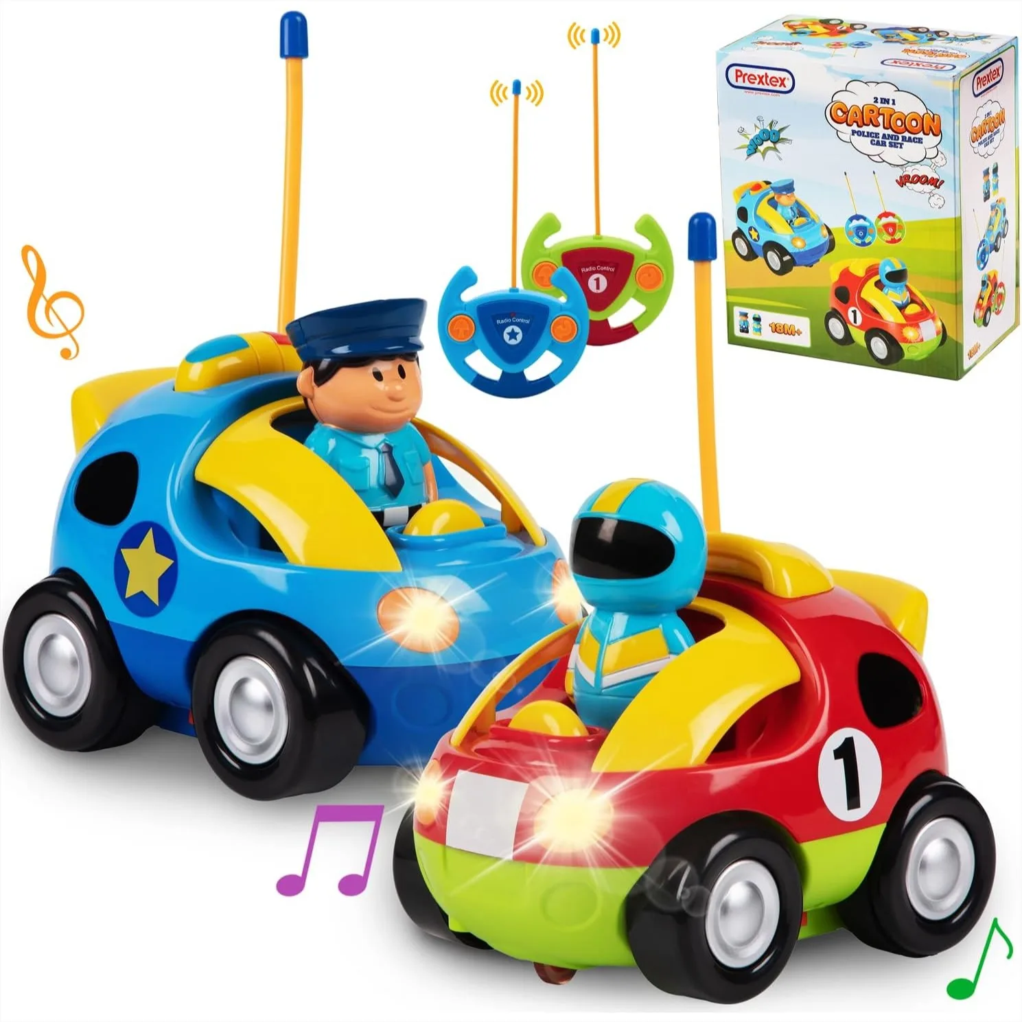 

2 Pack Cartoon Remote Control Cars For Toddlers - Police Car And Race Car With Steering Wheel Controllers, Lights And Sounds - Different Frequencies Racing Together - Easter Gift For 18+ Months Boys Girls