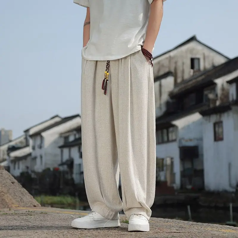 

Men's Solid Color Drawstring Loose Wide Leg Pants Casual High Waist Linen Style Straight Trousers