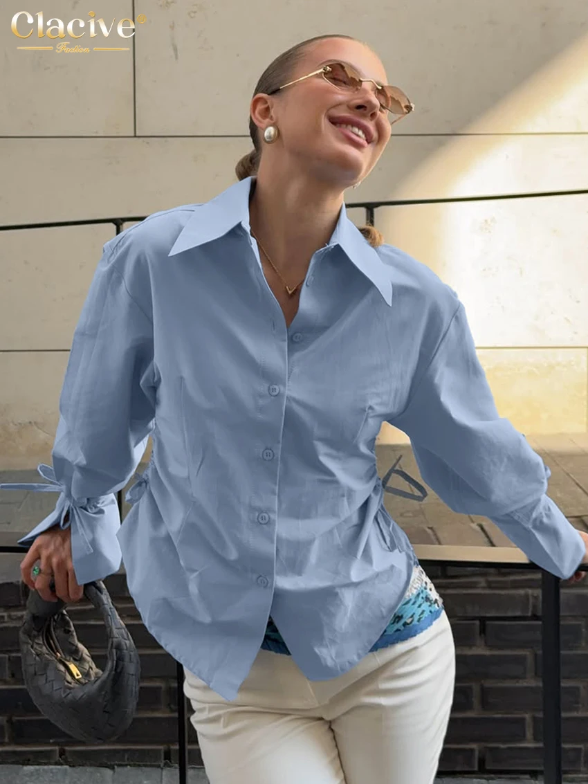 

Clacive Fashion Loose Blue Cotton Women's Shirt 2025 Casual Lapel Long Sleeve Blouse Elegant Classic Solid Top Female Clothing