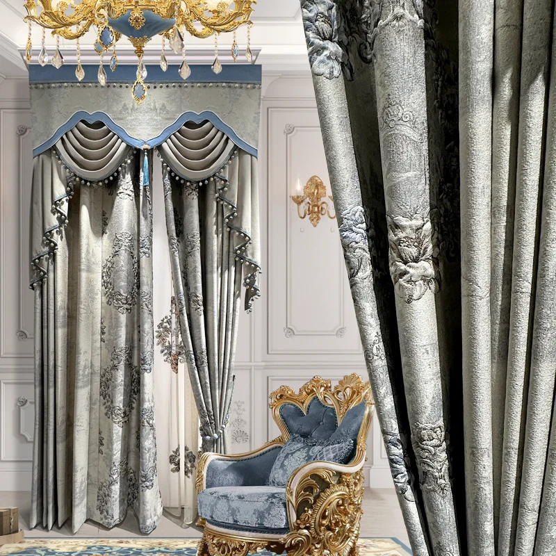 

Custom curtain high-grade European luxury jacquard Emboss chenille thick bedroom blackout curtain tulle valance drape M1513