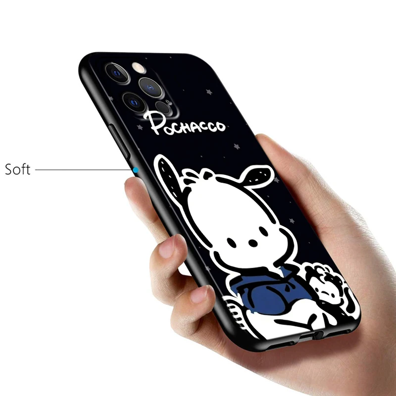 Pochacco Cute Sanrio Silicone Black Soft Phone Case For Apple iPhone 15 14 13 12 11 X XS XR 8 7 6 6S Pro Plus Max Mini