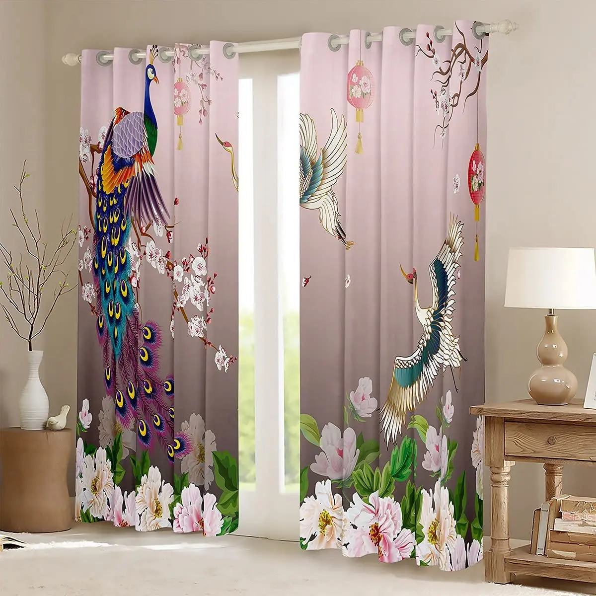 Japanese Crane Peacock Romance Theme Blackout Curtains 3D Print Window Curtains for Bedroom Living Room Decor Window Treatments