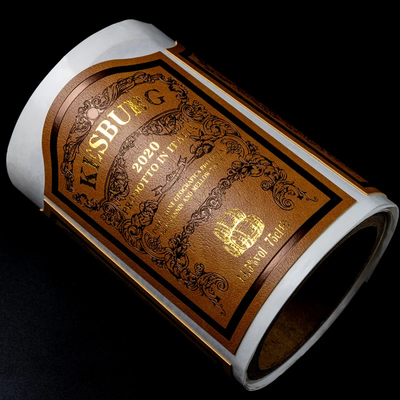 custom.Manufacturers Customized Luxury Self-adhesive Pu Leather Label Sticker Roll Foil Staming Embossed Custom Wine Bottle