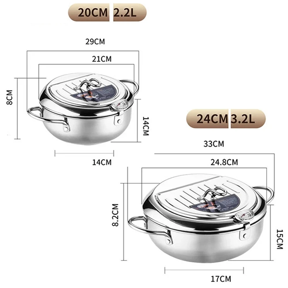 Tempura Temperature Meter Frying Deep Fryer Pot Pans Induction Heating Stainless Steel Grill Pan Lid Kitchen Utensils Cookware