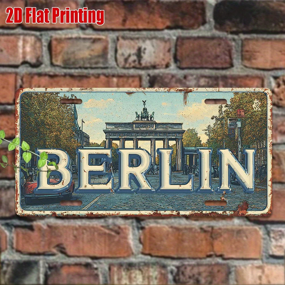Berlin Brandenburg Gate Retro Illustration 2D Flat Printing License Plate Style Metal Tin Sign, German Capital City Themed Decor