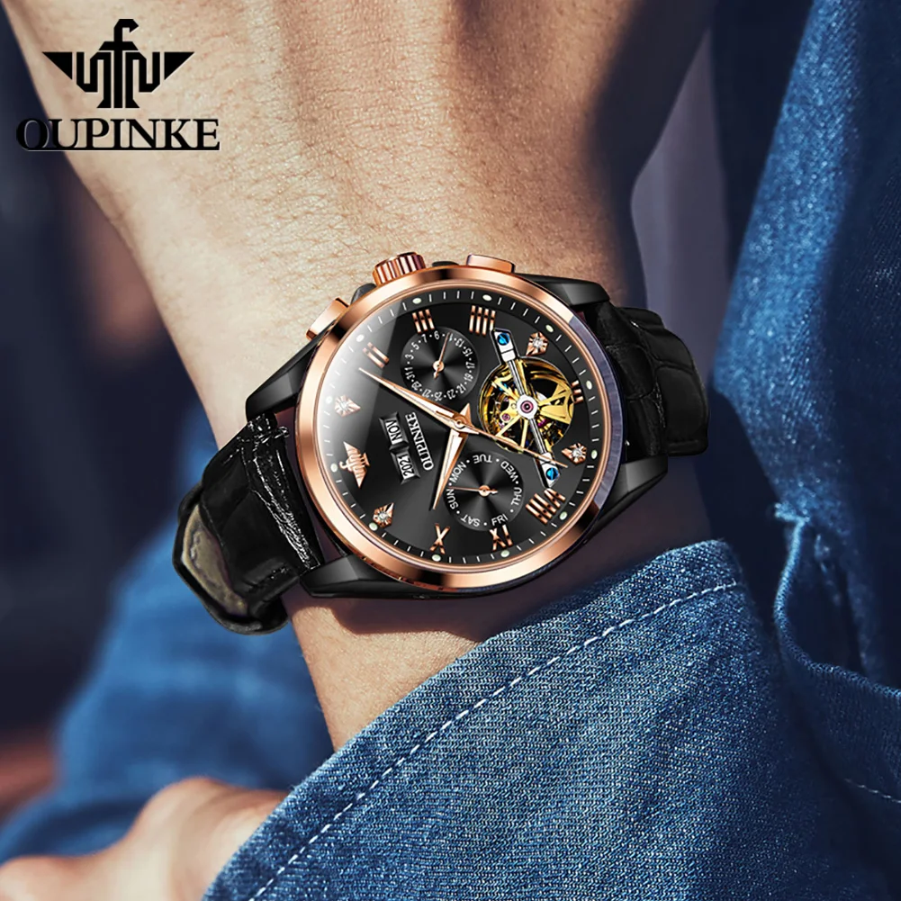 OUPINKE 3186 Herrenuhr Luxus Hohl Tourbillon Männer Mechanische Vollautomatische Uhr Wasserdicht Kalender Timing Code Herrenuhr