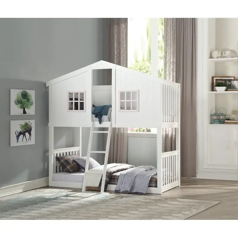 

Twin Twin Bunk Bed in White and Pink Finish for Cottage Style Bedroom