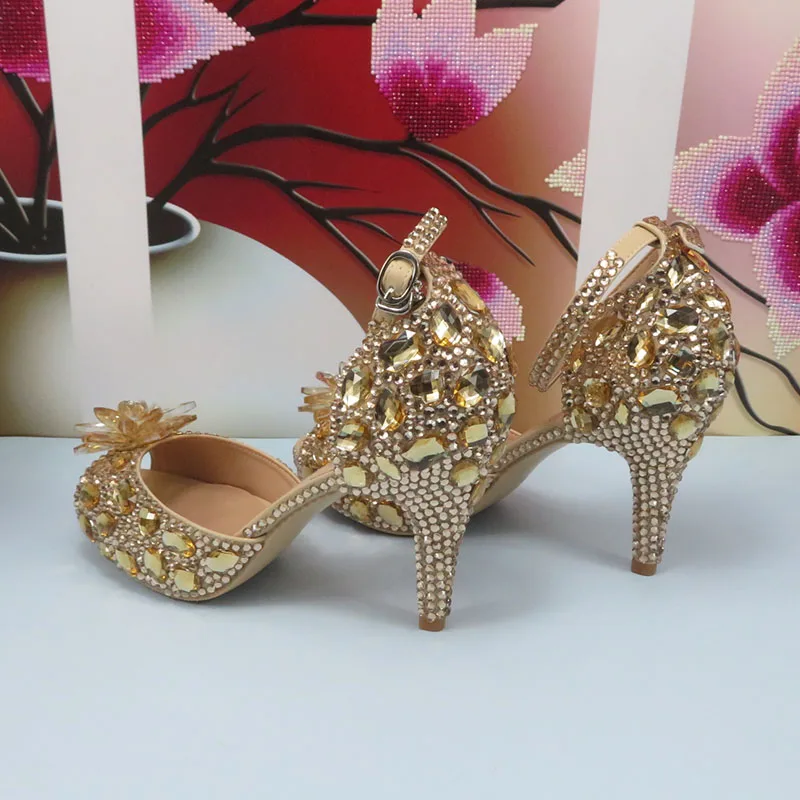 Summer Champagne Gold Wedding shoes and purse for Women Bridal Fashion High Pumps Open Toe Party Dress Shoe and bag Ankle Strap