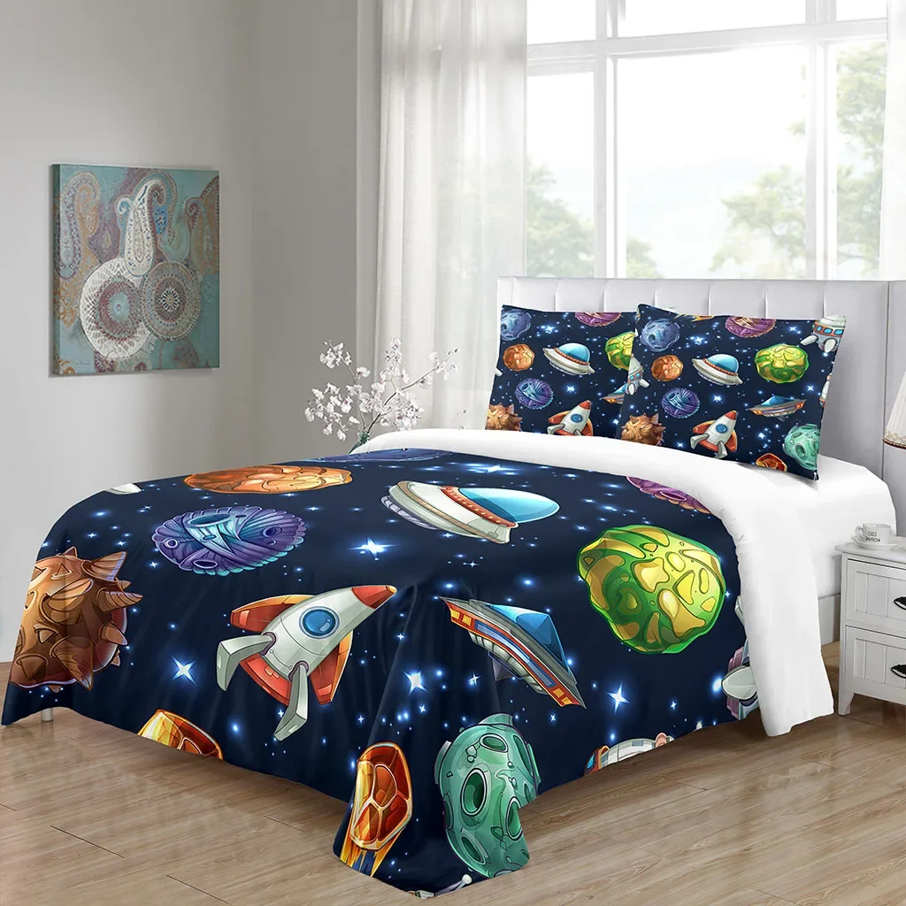 Cartoon planet spaceship plane Galactic System Kids Childern Soft Duvet Cover Set 3pcs Bedding Set Quilt Cover 2 PillowcaseH