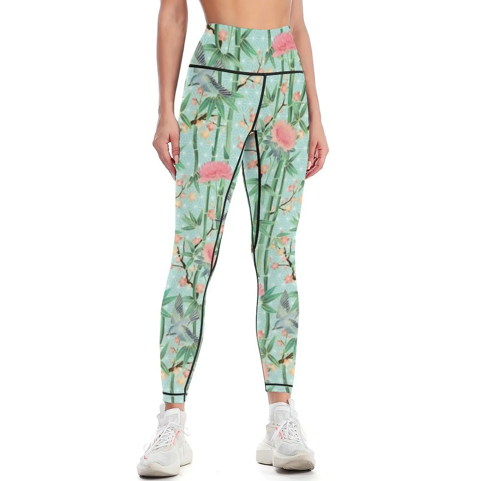 

Bamboo, Birds and Blossom - soft blue green Leggings Women's trousers Women's pants Womens Leggings