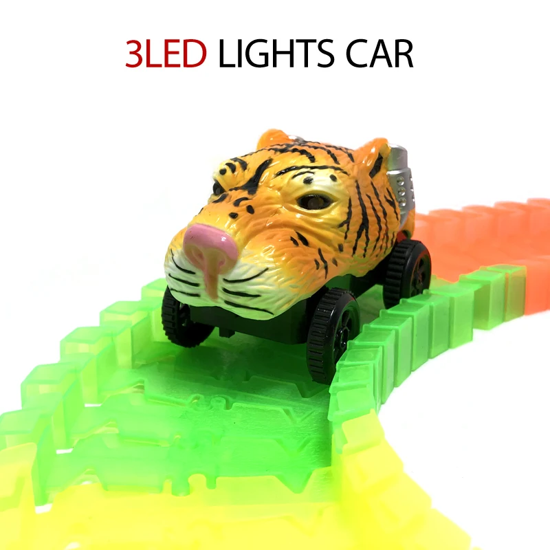 Carro de dinossauro elétrico com luz LED, tigre branco, leopardo, urso marrom, animal, pista de luz, carro esportivo de brinquedo, L003