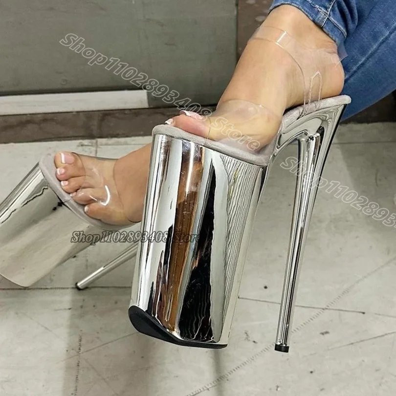 Transparent Clear PVC Sandals Stiletto Ankle Buckle Silver Platform Stylish Women Pole Dance Sexy Sandals Zapatos Para Mujere