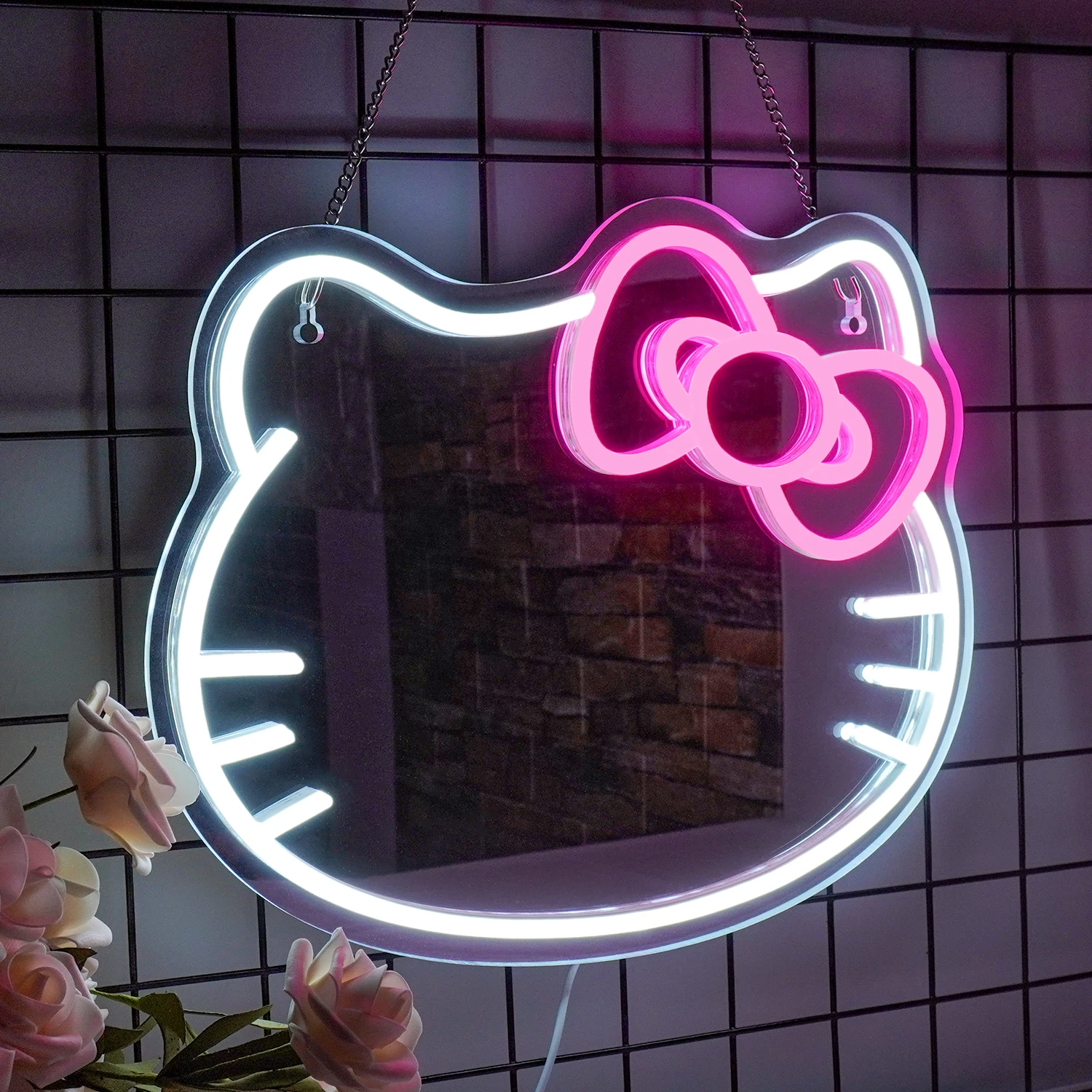 Hello Kitty LED Anime Mirror Neon Light Led Neon Mirror Sign for Girl Room Decor Cat Mirror Neon Light Up Birthday Kid Girl Gift