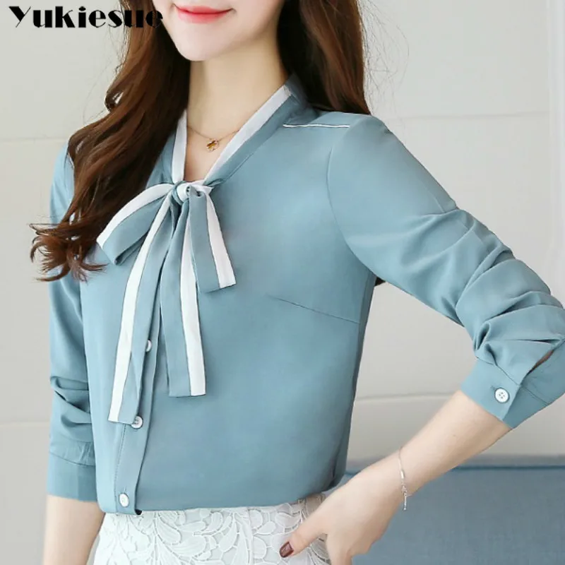 2022 summer women clothing long sleeve bow tie women shirts Korean loose chiffon blouse shirt women solid color blouse clothe