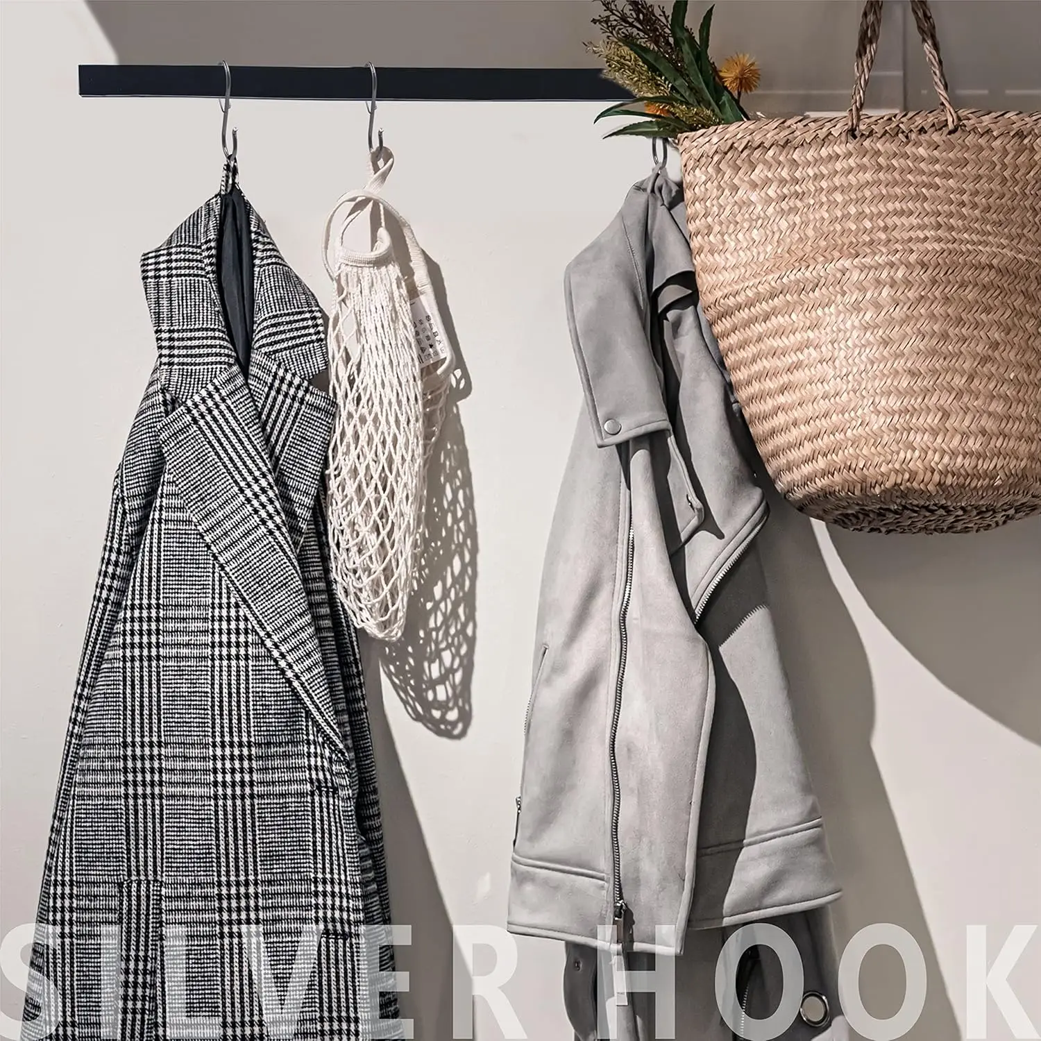 Rostfreier S-förmiger Haken, robuster Metallhaken mit Sicherheitsschnalle, geeignet zum Aufhängen von Gegenständen, Kleidung, Töpfen, Tassen, Schlüsseln, Taschen – Detail 7