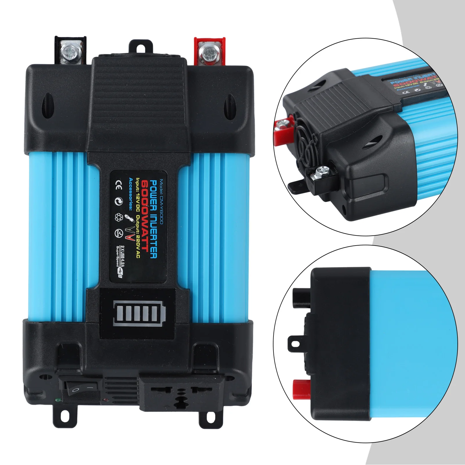 

Powerful and Lightweight Car Power Inverter 6000W Peak DC12V to AC110/220V Pure Sine Wave Battery Capacity Display