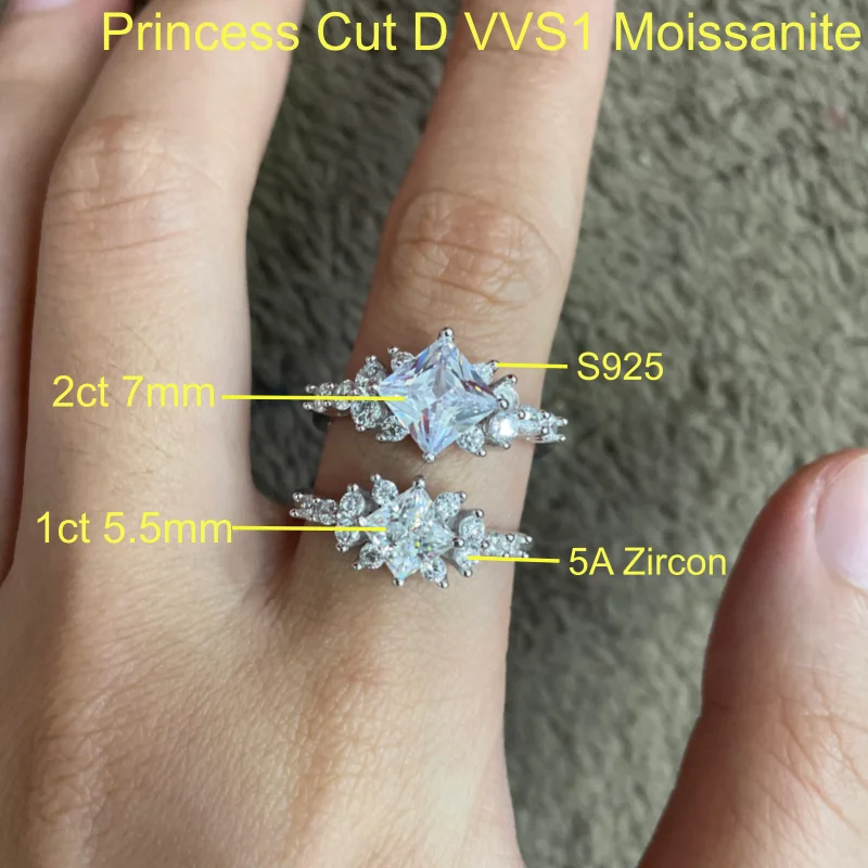 NKHOG 2Carat Princess Cut Moissanite Rings 925 Sterling Silver Sparkling Square Lab Diamond for Women Wedding Bands Fine Jewelry