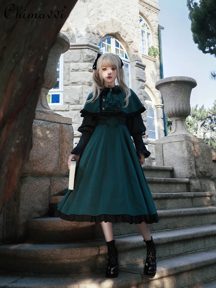 Original Design CLA Contrast Black and Green Long Sleeve Op Dress Cape Lolita Two-Piece Set Women's Suit Autumn and Winter