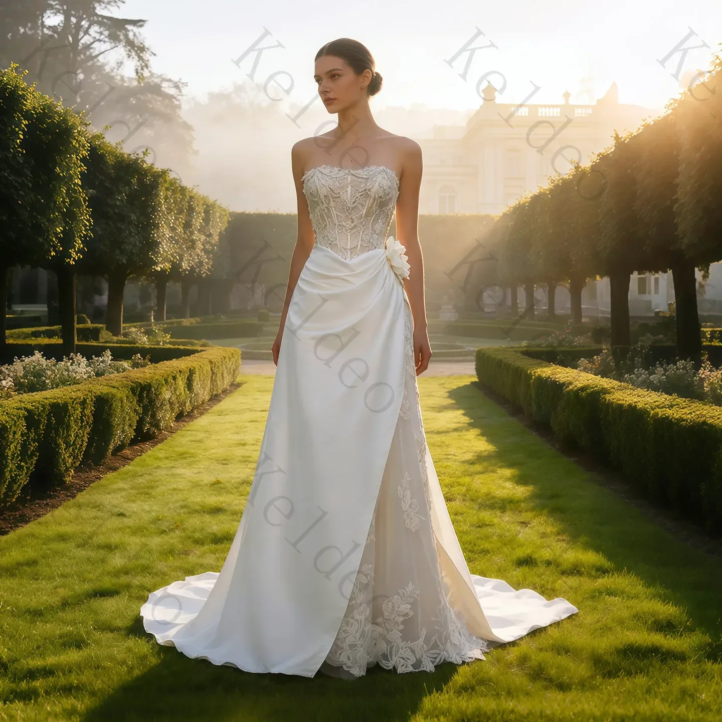 Customized Strapless Mermaid Sleeveless Wedding Dresses Lace Pearl Draped 3D Flowers Beading Open Back Floor Length Bridal Gowns