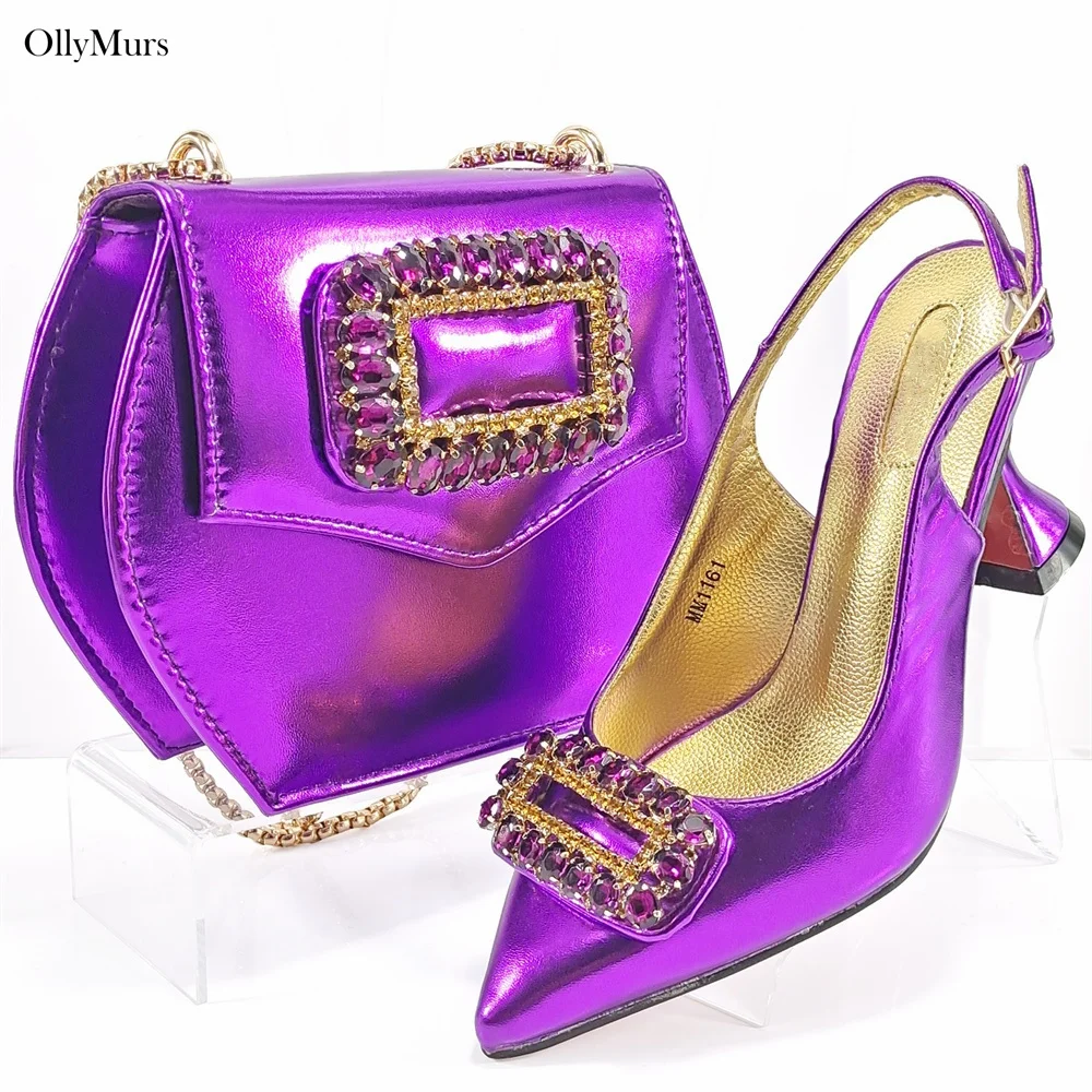 

Модные туфли на высоком каблуке из искусственной кожи с стразами и подходящая сумка, итальянский комплект для женщин для вечеринок и свадебных платьев