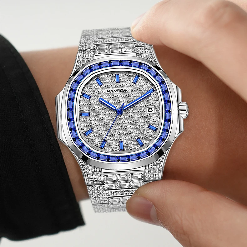 HANBORO Men Automatic Watch 38mm Square Mechanical Wristwatch Luminous 5ATM Waterproof Miyota 8215 Full Crystal Dial & Case