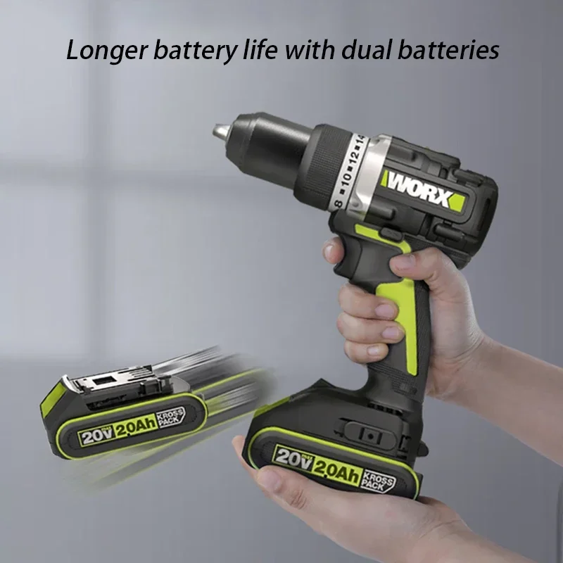 Worx WU186 Wireless Electric Drill Rechargeable Brushless Metal Chuck 60Nm 2000rpm 2Speed Adjustable Universal 20v Green Battery