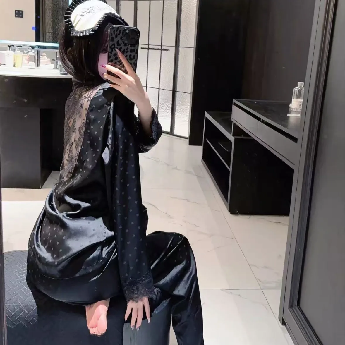 

Spring Summer Pajamas Suit Long Sleeve Shirt Trousers Pyjamas Lingerie Women Lace V-Neck Sleepwear Rayon Nightwear Home Clothes