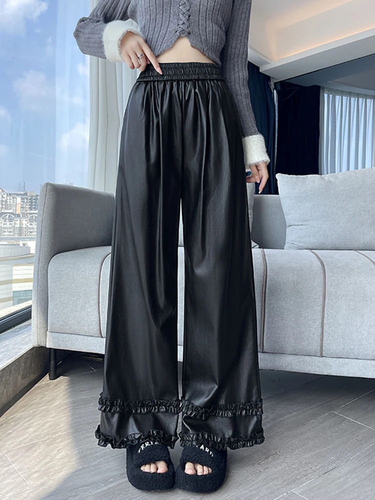

High Waist Straight Leg PU Leather Wide Leg Pants Women's Spring New Sle Slimming Bla Wooden Casual Trousers