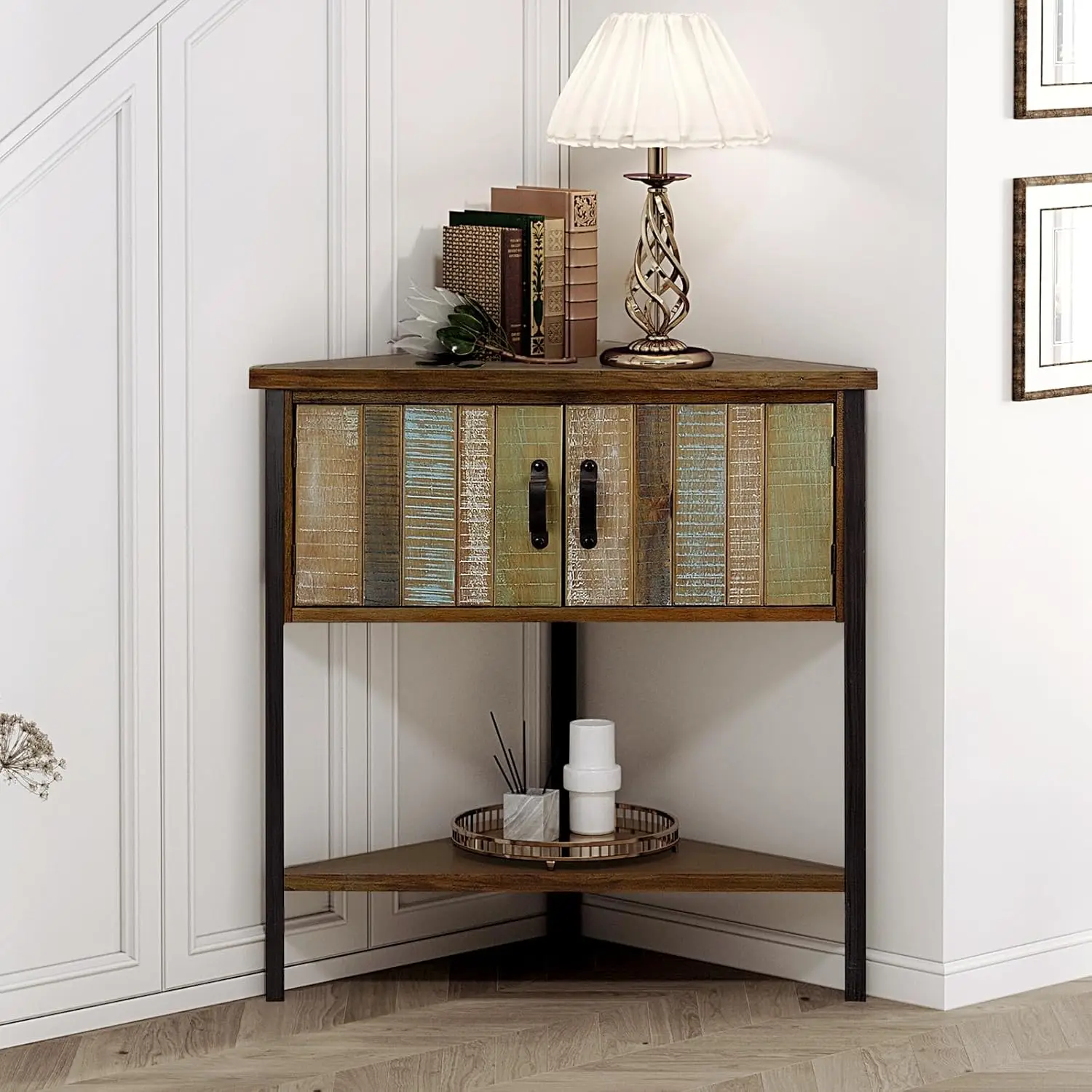 Living Room, Small Corner Table with Storage Cabinet Table Corner Bar Accent Cabinet with Solid Wood and Metal Frame