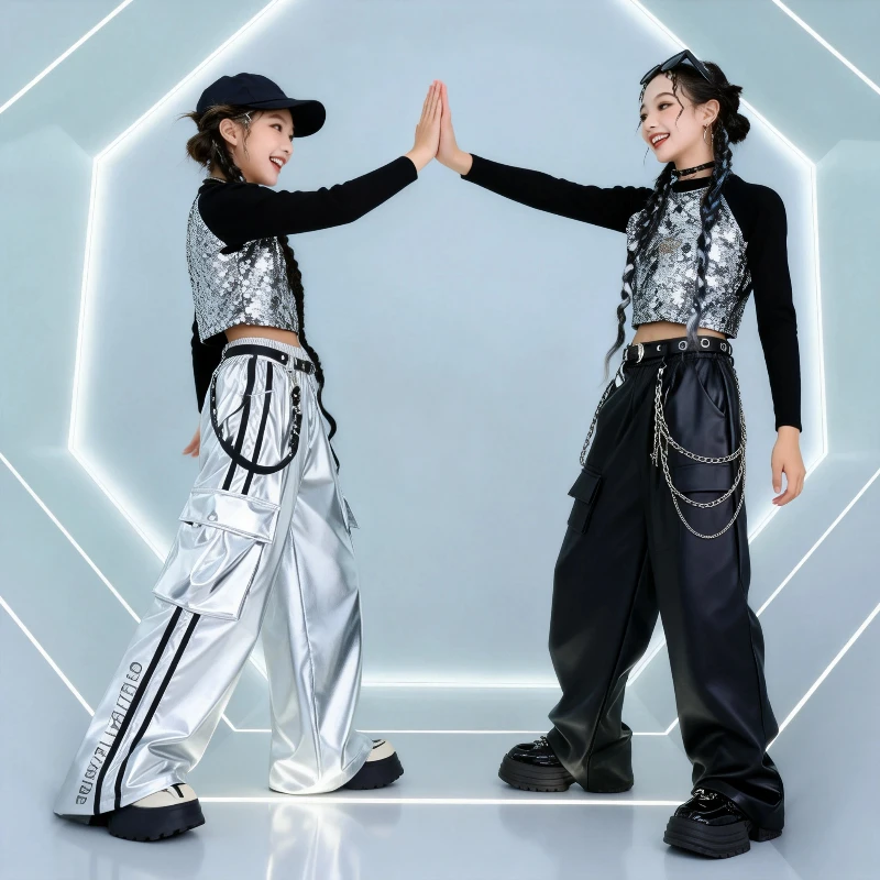 

Костюм для джазовых танцев для девочек, уличный танцевальный костюм с серебристыми и черными пайетками, детский костюм для выступлений в стиле стрит-дэнс