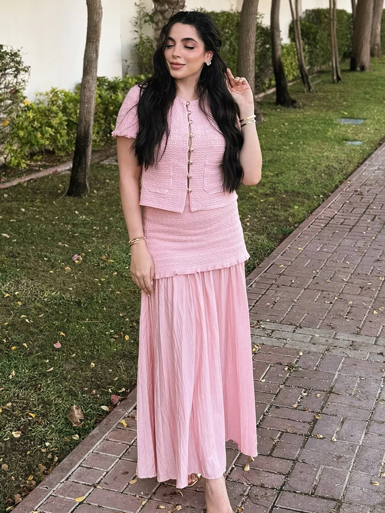 HH Women Summer Sexy Laminated Decoration Single-breasted Knitted Short-sleeved Top+Temperament High Street Long Skirt Suit