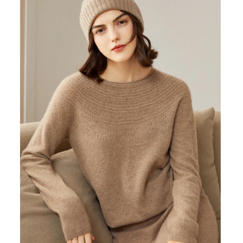 Women Sweater Hollow Out 100% GOAT CASHMERE Knitwear Winter Soft Warm Oneck Long Sleeve For Ladies Pullovers HG01