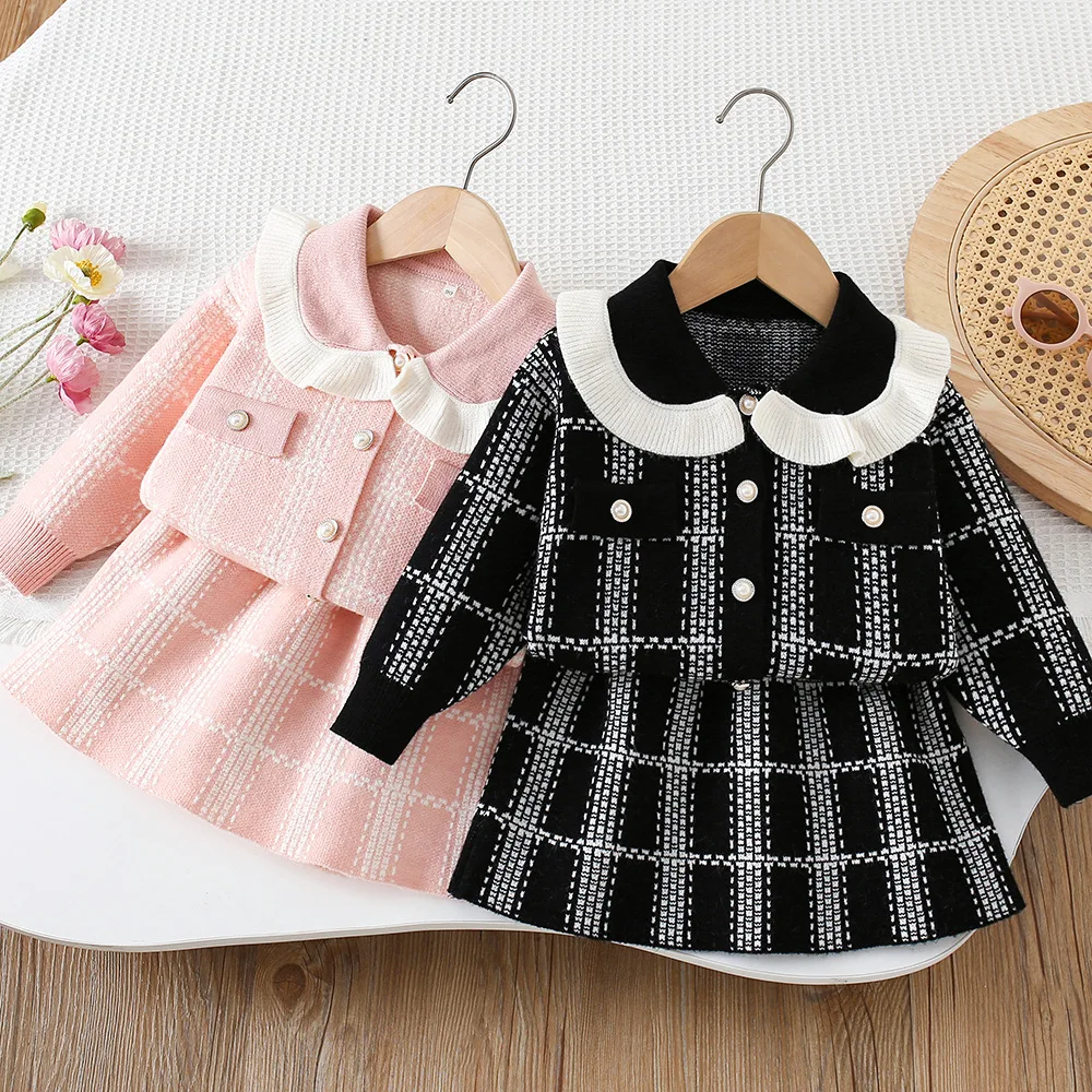 

MILANCEL Autumn Kids Knitted Set 9M-5T Thin Girls Grid Sweater + Skirts Korean Version Loose Color Block Children Outfit 2PCS