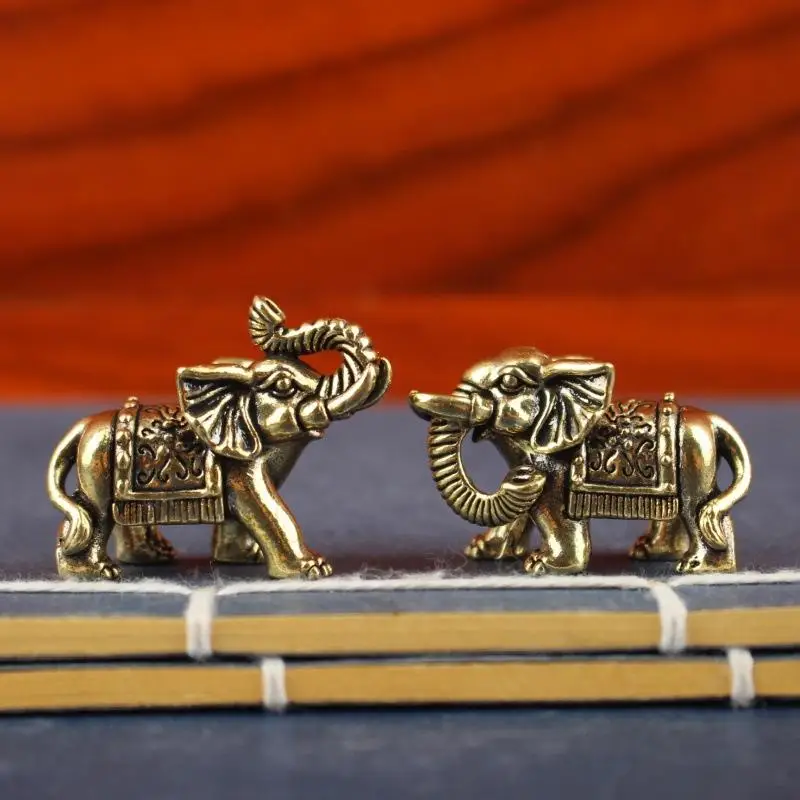 【S】Brass Blessing Elephant Miniature Figurine Antique Bronze Animal Statue Copper Lucky Elephant Small Ornaments