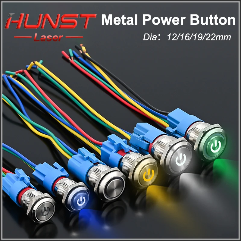 Hunst 12/16/19/22mm Waterproof Metal Button Switch LED Light Instant Lock Laser Cutting Machine CNC Power Switch3~6V 12~24V 220V