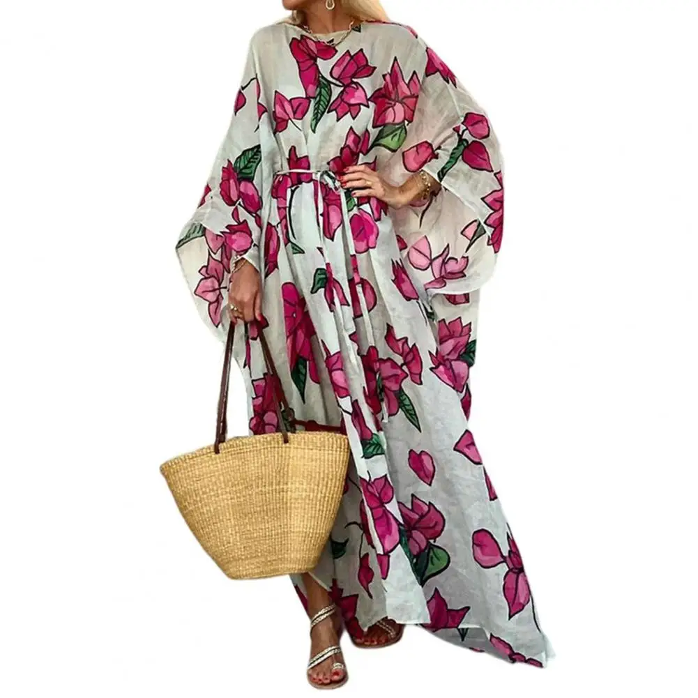 Women Printed Dress Autumn Shawl Dress Flower Print Oversized Maxi Dress with Lace-up Waist Bat Sleeves for Women's Vacation