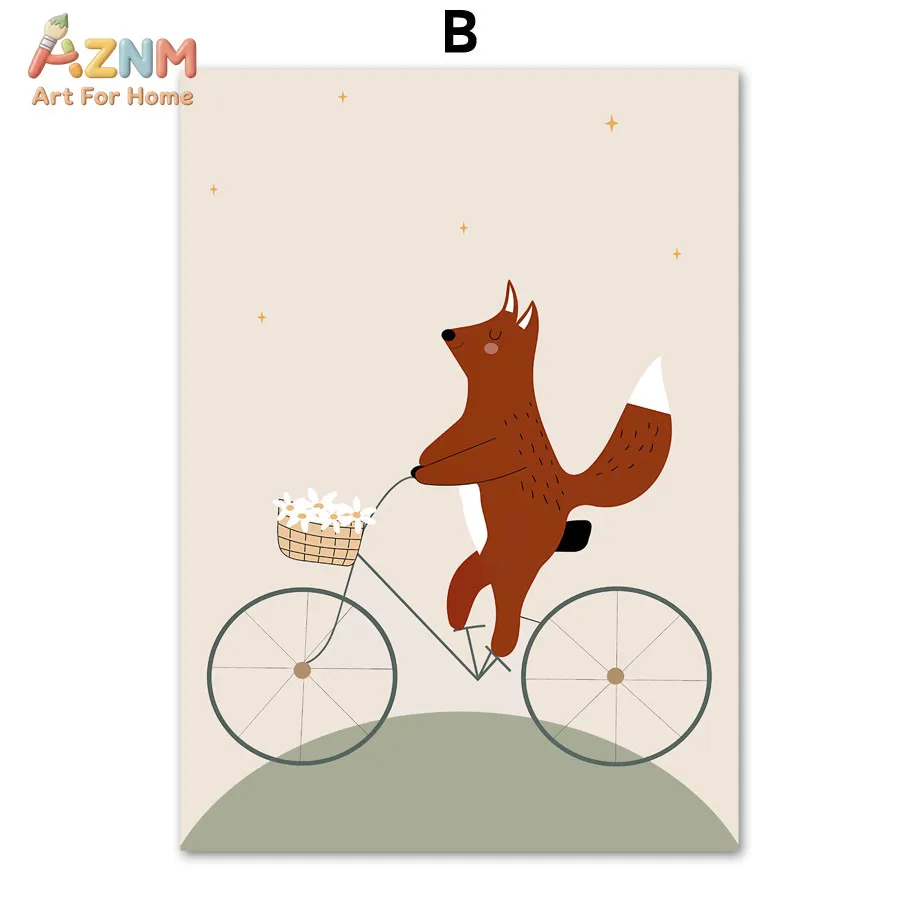 AZNM Boho Cartoon Travel Van Canvas Wall Art Cute Fox Llama Goose Bee Daisy Floral Neutral Pastel Print Unframed Canvas Kids Nur - view 4