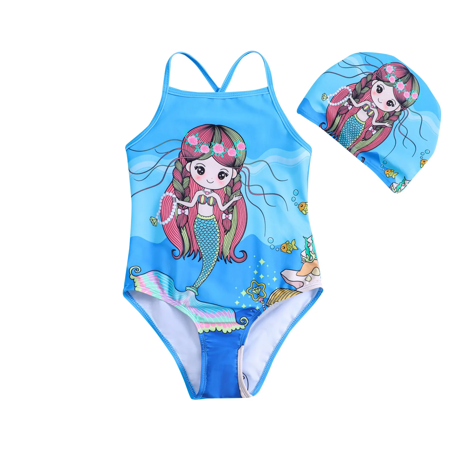 

SwimmyCubs Children's Mermaid Print Baby Girl One-piece Suspender Bikini Swimsuit Children One-Piece Suits
