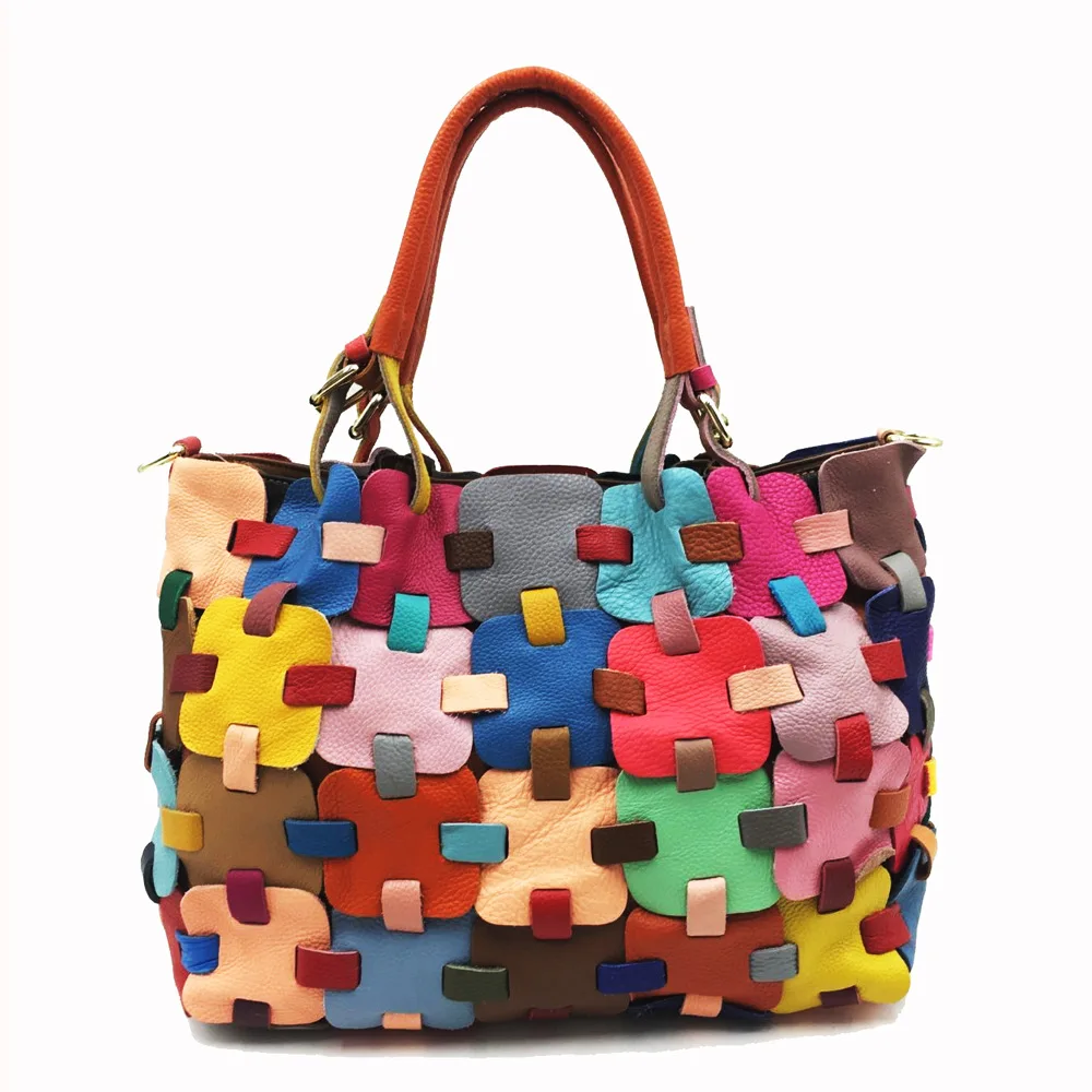 

Women Fashion Multicolour Flowers Genuine Leather Splicing Block Weave Tote Handbags ShoulderBag CrossbodyBag Office Daily